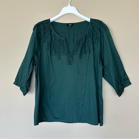 Talbots Women Petite Large Hunter Green Peasant Top Cotton Embellished Preppy - Picture 1 of 6
